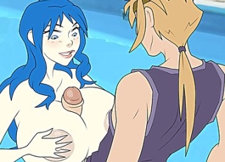 Lucy and Juvia jerk off with their huge tits